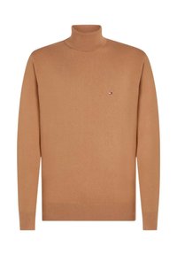 Beige Rollkragenpullover aus weichem Strickmaterial, mit langen Ärmeln und einem kleinen, farbigen Logo auf der Brust. Gerippter Ausschnitt und Bündchen.