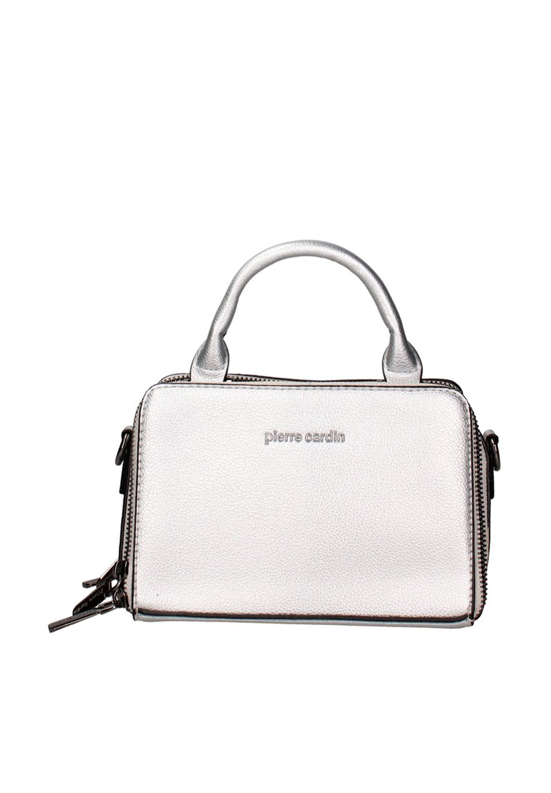 Borsa in pelle argentata con forma rettangolare strutturata, doppi manici e tasche laterali con zip. Presenta il logo impresso sulla parte anteriore.