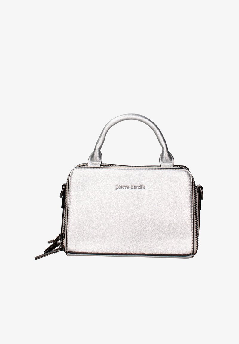 Borsa in pelle argentata con forma rettangolare strutturata, doppi manici e tasche laterali con zip. Presenta il logo impresso sulla parte anteriore.