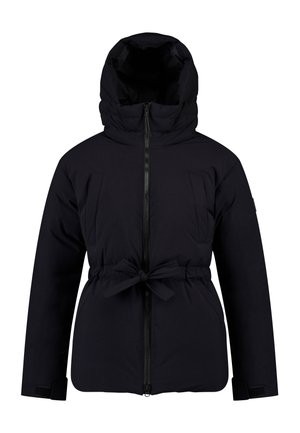 Schwarze isolierte Winterjacke mit Kapuze, Frontreißverschluss, Seitentaschen, verstellbarem Taillenzug und Klettverschluss an den Ärmelabschlüssen.