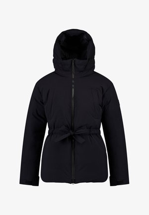 Schwarze isolierte Winterjacke mit Kapuze, Frontreißverschluss, Seitentaschen, verstellbarem Taillenzug und Klettverschluss an den Ärmelabschlüssen.