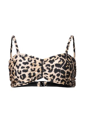 Leopardprint crop top med tynde justerbare stropper og samlet midterdetalje, sikret med en sort spænde bagpå.