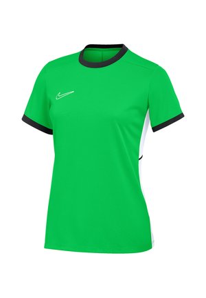 T-shirt de sport vert à manches courtes avec col et bordures de manches noires, panneaux latéraux blancs et logo Nike blanc sur la poitrine.