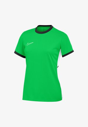 T-shirt de sport vert à manches courtes avec col et bordures de manches noires, panneaux latéraux blancs et logo Nike blanc sur la poitrine.