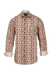 Camicia a maniche lunghe in cotone con un motivo floreale che presenta tonalità di rosa, verde e marrone; include una chiusura a bottoni frontale e polsini a contrasto.