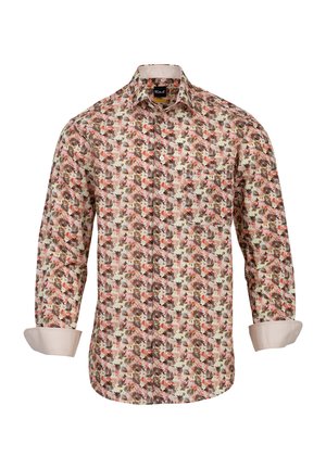 Langärmliges Hemd aus Baumwolle mit floralem Muster in Pink-, Grün- und Brauntönen; mit Knopfleiste vorne und kontrastierenden Manschetten.