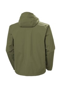 Olijfgroene, gevoerde jas met een gladde, matte afwerking. Beschikt over een ontspannen pasvorm en lange mouwen met minimale stikdetails.