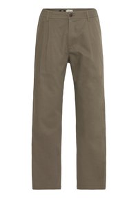Olive green trousers made of textured fabric, featuring a straight-leg design, front pleats, and a single button closure at the waist.