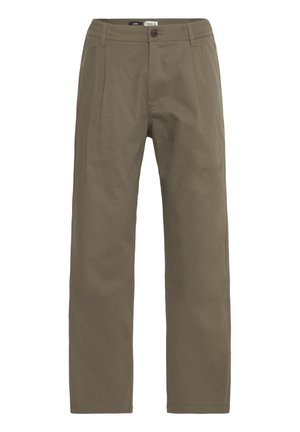 Olive green trousers made of textured fabric, featuring a straight-leg design, front pleats, and a single button closure at the waist.