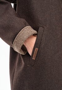 Ręka w kieszeni brązowego płaszcza w jodełkę z jasnobeżową podszewką i etykietą „blue shadow” na krawędzi kieszeni.