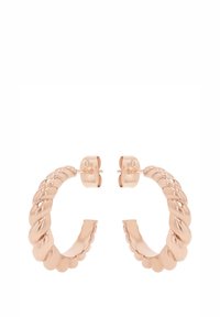 Pendientes de aro en oro rosa con un diseño retorcido. Textura suave y acabado pulido. Cierre seguro con post-back. Diámetro: aproximadamente 2 cm.