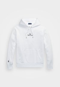 Vit hooded sweatshirt i mjukt material, med en framficka i kängurustil, svart broderad logotyp och dragsko i huvan.