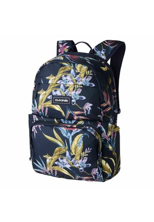 Zaino con spallacci imbottiti, base nera e stampa floreale colorata, tasca frontale con cerniera e etichetta del marchio Dakine.