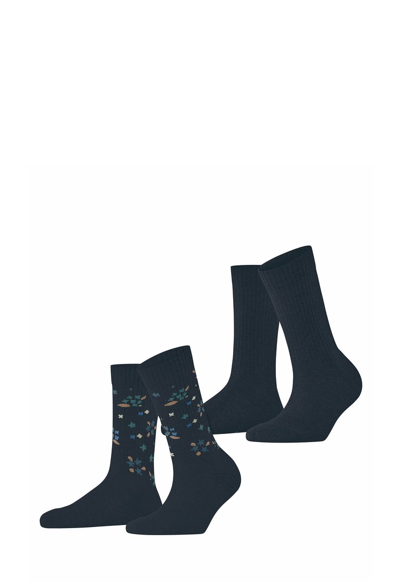 Dwie pary ciemnoniebieskich skarpetek: jedna z włóknami ribb, a druga z kolorowym kwiatowym wzorem. Obie są z mieszanki bawełny, sięgające kostki.