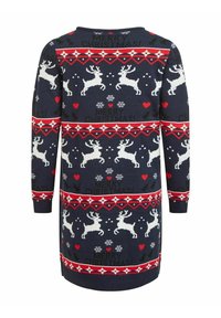 Pull de Noël avec un motif tricoté bleu marine, comprenant des rennes blancs, des cœurs rouges, des flocons de neige, et le texte "Joyeux Noël" en motifs alternés.