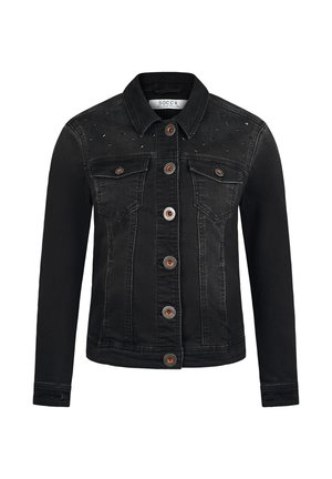 Black denim jacket with a fitted design, featuring copper-colored buttons and two chest pockets. Adorned with studs at the shoulders.