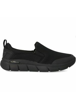 Scarpe slip-on nere con tomaia in rete, suola in gomma e dettagli testurizzati. Presentano un paraschiena e un design imbottito e flessibile.