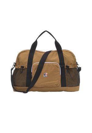 Borsa duffel marrone con manici neri, tracolla regolabile, tasca frontale con zip e tasche laterali in rete, con logo K-Way.