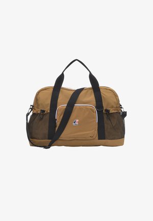 Borsa duffel marrone con manici neri, tracolla regolabile, tasca frontale con zip e tasche laterali in rete, con logo K-Way.