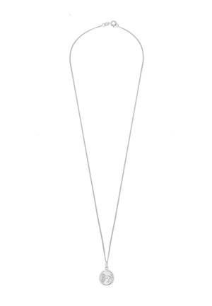 Silberhalskette mit einer feinen Kette und einem runden Anhänger, der ein Löwendesign darstellt. Die gesamte Oberfläche ist poliert und glatt.