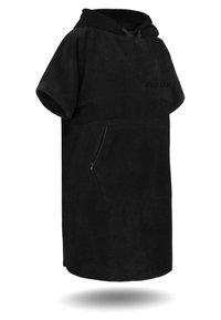Schwarzer Kapuzen-Poncho aus weichem Frottee-Stoff, mit kurzen Ärmeln, einer vorderen Reißverschlusstasche und einem abgerundeten Saum. Verstärkte Nähte sorgen für Strapazierfähigkeit.