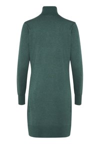 Vestido de manga larga y cuello alto en verde profundo, hecho de un suave tejido de punto texturizado. Presenta puños y dobladillo acanalados para un detalle adicional.