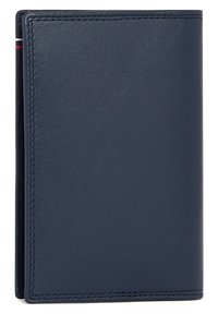 Cartera de cuero navy con textura suave, costuras contrastantes en rojo y blanco a lo largo del borde, y un diseño minimalista.