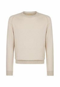 Beige gestrickter Pullover mit langen Ärmeln, rundem Hals, gerippten Bündchen und Saum. Weiche Textur und minimalistisches Design. Keine sichtbaren Muster oder Logos.