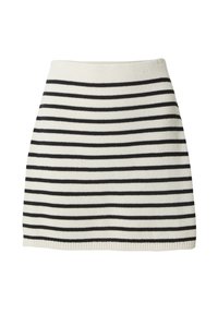 Jupe tricotée avec une taille haute, présentant des rayures horizontales noires et blanches. Silhouette droite, longueur moyenne, texture lisse.