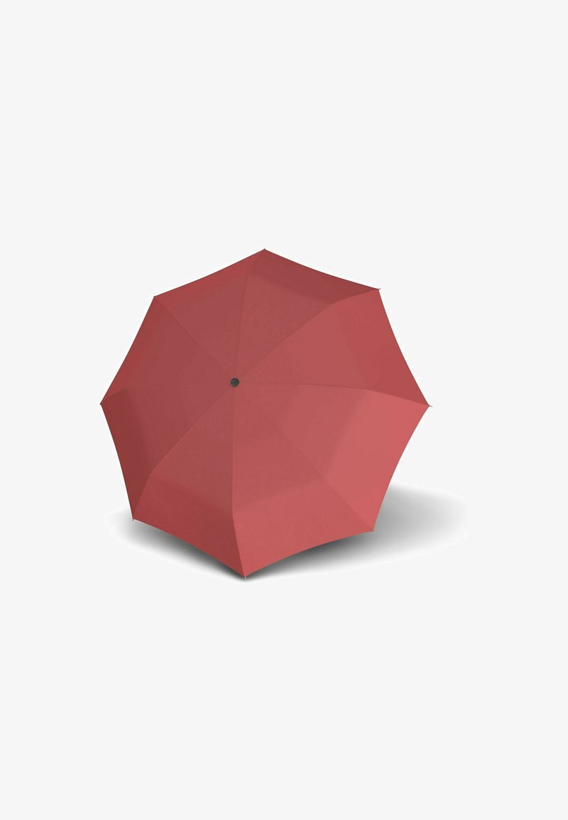 Roter Regenschirm mit acht Segmenten, glatter Textur und einem zentralen schwarzen Knopf. Kompaktes Design, geeignet für Regenschutz.