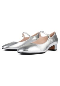 Sidabriniai metaliniai butai su smailiu pirštu ir žemu kulnu. Su ankle strap su maža apvalia sagtimi. Lygi tekstūra.