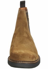 Helle Wildleder-Ankle Boots mit abgerundetem Zehenbereich, elastischen seitlichen Einsätzen und einer schwarzen Gummisohle. Verfügt über eine gestickte Detail um die Sohle.