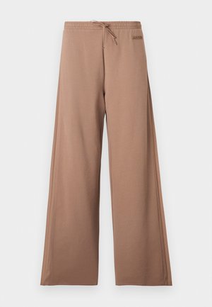 Smeđe hlače širokih nogavica s elastičnim pojasom, vezicama i malim logotipom na desnoj strani blizu struka.