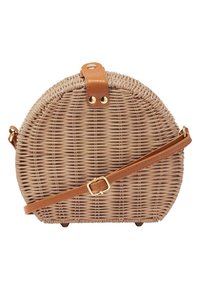 Round woven straw handbag in light beige with a brown leather strap and buckle. Features textured body and gold-tone hardware accents.