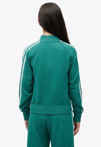 Felpa color verde acqua con collo alto, maniche raglan e strisce laterali bianche. Realizzata in un tessuto morbido e testurizzato.