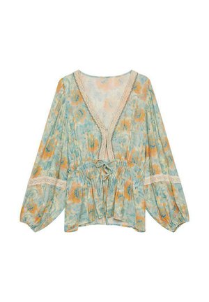 Blusa de color azul claro y naranja con un estampado, escote en V, cintura elástica y detalles de encaje en las mangas y el escote. Tela suave y fluida.