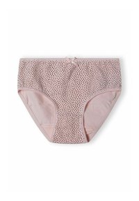 Gaiši rozā kokvilnas apakšveļa ar melniem punktiņiem, ar gludu tekstūru un mazu bantīti jostasvieta.