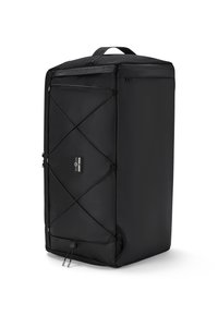 Black square fabric bag with a textured surface, elastic cord design on one side, top handle, and a low profile for easy storage.
