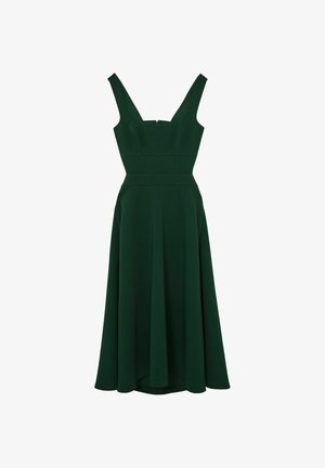 Ciemnozielona sukienka w kształcie litery A z dopasowanym gorsetem, szerokimi ramiączkami i rozkloszowanym dołem. Ma subtelną fakturę i zamek błyskawiczny z tyłu.