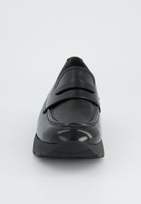 Black loafers with a smooth, glossy leather upper and a cushioned rubber sole. Features two horizontal straps across the instep.