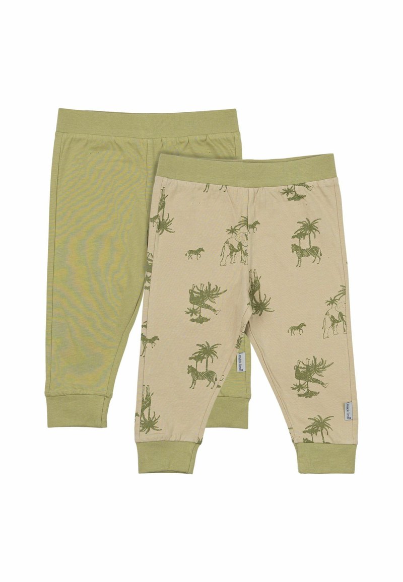 Zwei Paare Kinderhosen: eine einfarbig hellgrün, die andere hellbeige mit einem Druck von grünen Tieren und Palmen. Elastische Bündchen und Gesäß.