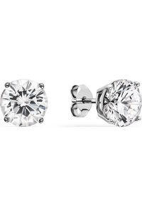 Round stud earrings featuring clear, faceted gemstones set in four-prong silver-toned metal mountings. Smooth backing with butterfly clasp.