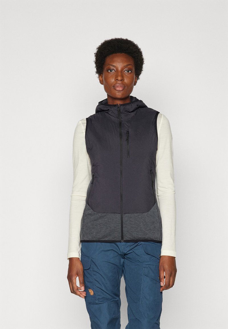Sleeveless black vest with a hood, featuring a two-tone design with gray accents, front zipper, and side pockets. Smooth material and fitted shape.