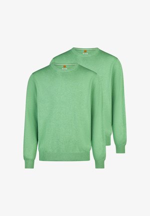 Dwa gładkie, jasnzielone swetry z okrągłym dekoltem, długimi rękawami, ściągaczami na rękawach i dole, przedstawione na białym tle.