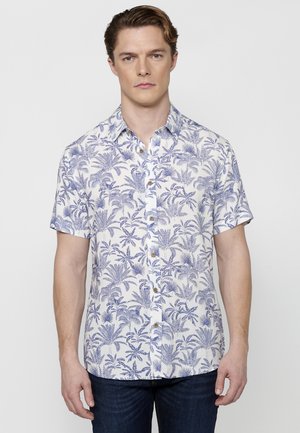 Korte mouwen overhemd met knopen in witte stof met een blauw palmbomenpatroon, voorzien van bruine knopen en een kraag voor een ontspannen pasvorm.