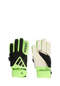 Adidas målvakts handskar i svart och starkt grön, med ett texturerat grepp, justerbart handledsband och förstärkt finger skydd.