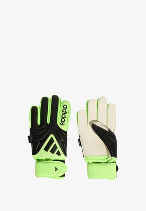 Adidas Torwarthandschuhe in Schwarz und knalligem Grün mit strukturiertem Griff, verstellbarem Handgelenkband und verstärktem Fingerschutz.