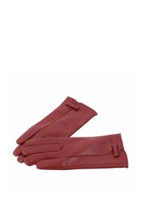 Czerwone skórzane rękawiczki o gładkiej fakturze, dopasowanym kroju i małych kokardkach na nadgarstkach. Bezszwowe przeszycia poprawiają wygląd.