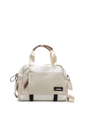 Bolsa de lona rectangular en crema y beige con asas dobles, correa de hombro desmontable, bolsillo frontal con cremallera y parche negro con el logo "mtng".