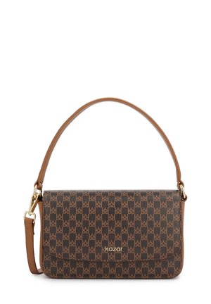 Rjava pravokotna torba iz teksturirane usnje s šahovskim vzorcem in zlatimi dodatki. Ima eno zgornjo ročico in snemljivo naramnico.